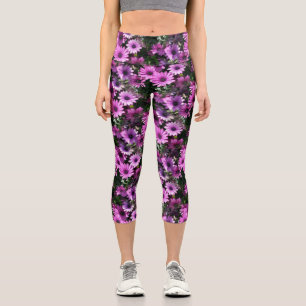 Purple African Daisy Flowers Nature Pattern Capri Leggings