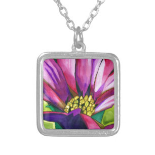 Purple African Daisy watercolor art flower Silver Plated Necklace