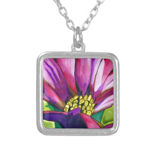 Purple African Daisy watercolor art flower Silver Plated Necklace