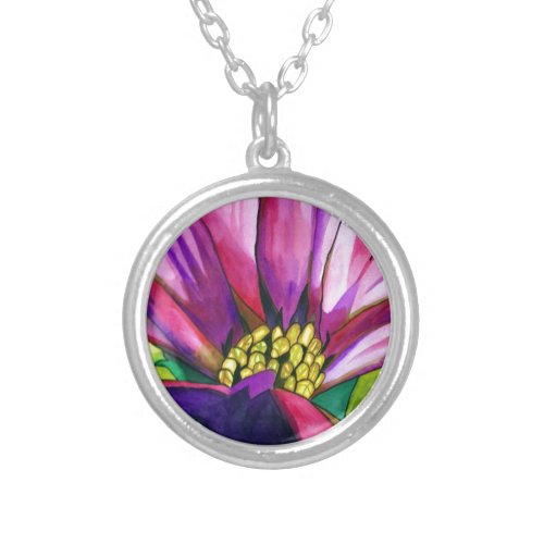 Purple African Daisy watercolor art flower Silver Plated Necklace