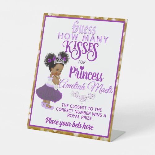 Purple Afro Puff Princess  How Many Kisses Game Pedestal Sign