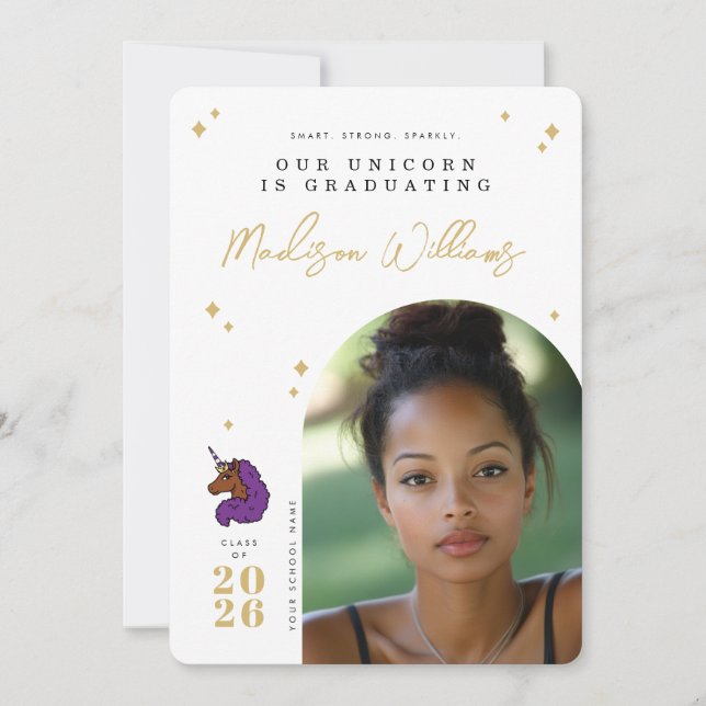 Purple Afro Unicorn Graduation Announcement (Front)