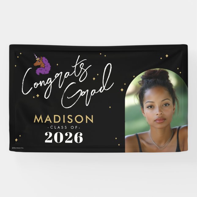 Purple Afro Unicorn Graduation Banner (Horizontal)