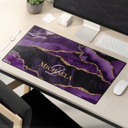 Purple Agate Geode Gold Glitter Monogram  Desk Mat