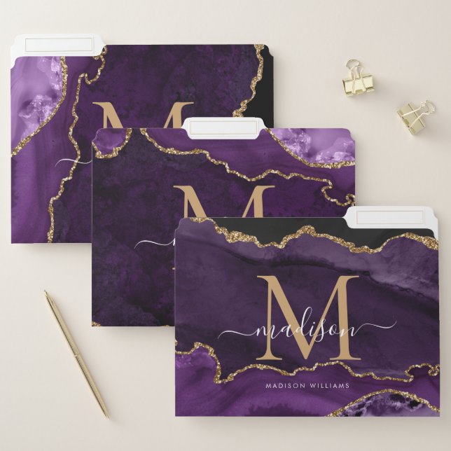 Purple Agate Geode Gold Glitter Monogram Script File Folder (Set)