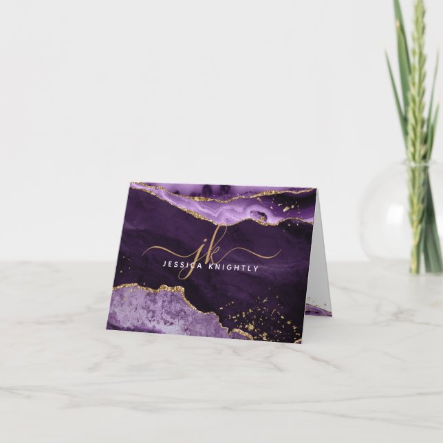 Purple Agate Geode Gold Glitter Monogram Script Note Card (Front)