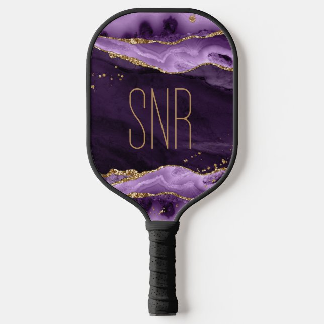 Purple Agate Geode Gold Glitter Personalized Pickleball Paddle (Front)