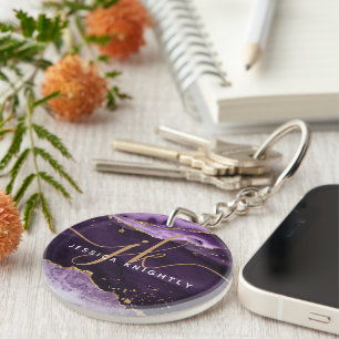 Purple Agate Geode Gold Glitter Script Monogram Keychain