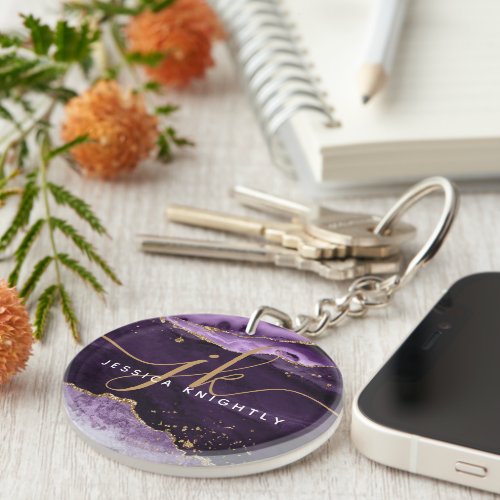 Purple Agate Geode Gold Glitter Script Monogram Keychain