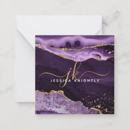 Purple Agate Geode Gold Glitter Script Monogram Note Card