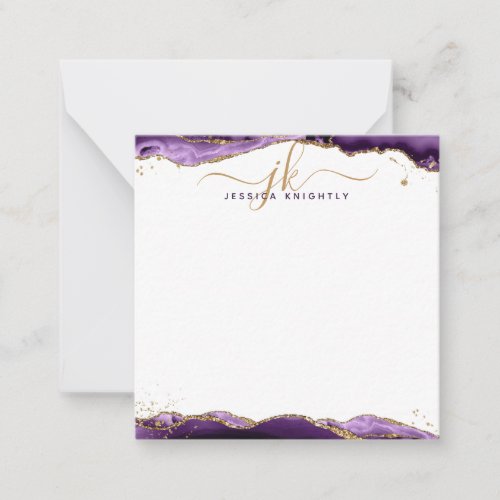 Purple Agate Geode Gold Glitter Script Monogram Note Card