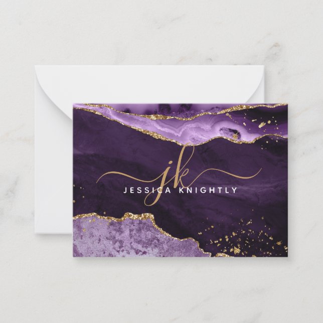 Purple Agate Geode Gold Glitter Script Monogram Note Card (Front)