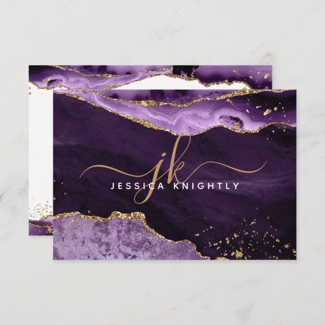 Purple Agate Geode Gold Glitter Script Monogram Note Card (Front/Back)