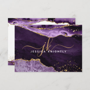 Purple Agate Geode Gold Glitter Script Monogram Note Card