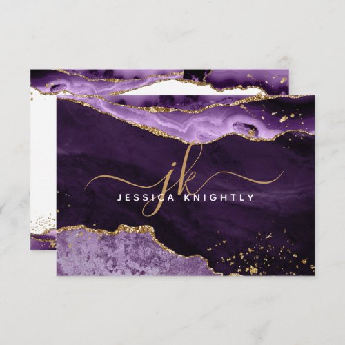 Purple Agate Geode Gold Glitter Script Monogram Note Card