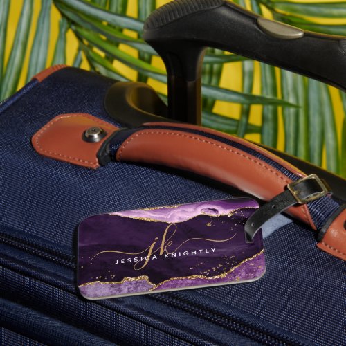 Purple Agate Geode Gold Monogram Script  Luggage Tag