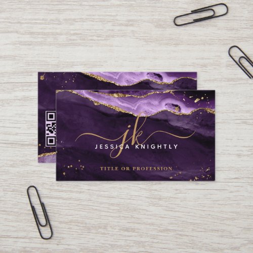 Purple Agate Geode Monogram Gold Script Business Card