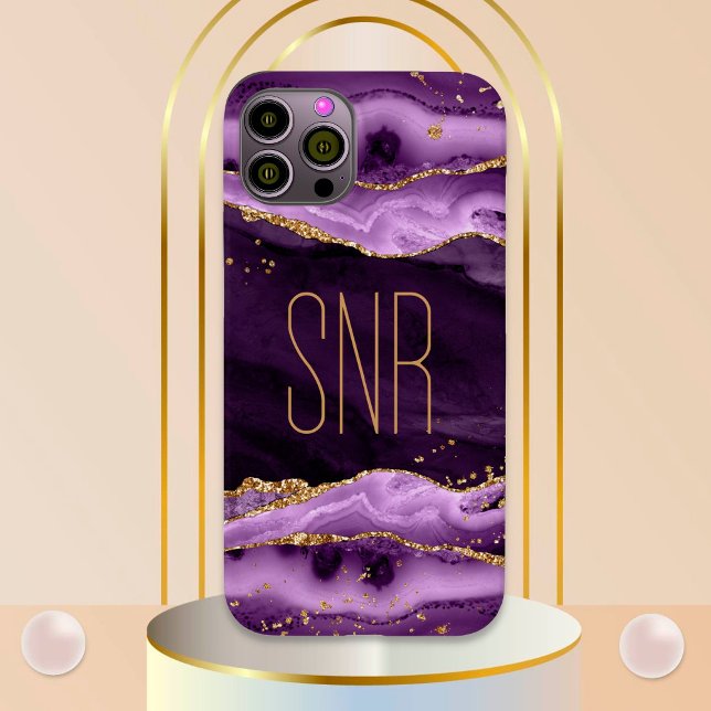 Purple Agate Geode Monogram Name Gold Glitter Case-Mate iPhone Case (Creator Uploaded)