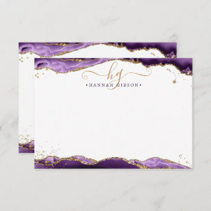 Purple Agate Geode Monogram Script Gold Glitter Note Card