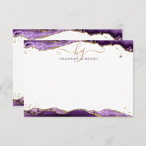 Purple Agate Geode Monogram Script Gold Glitter Note Card
