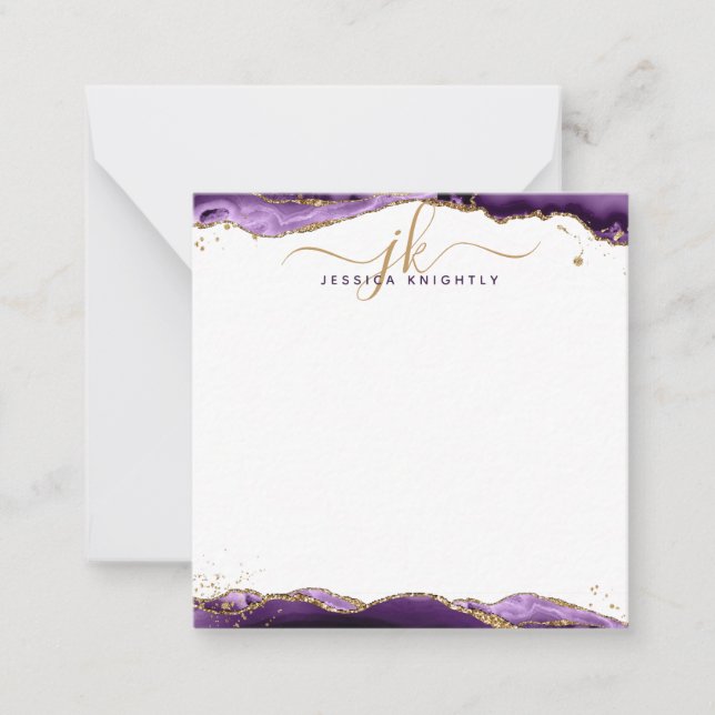 Purple Agate Geode Script Monogram Gold Glitter  Note Card (Front)