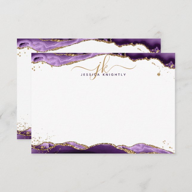 Purple Agate Geode Script Monogram Gold Glitter Note Card (Front/Back)
