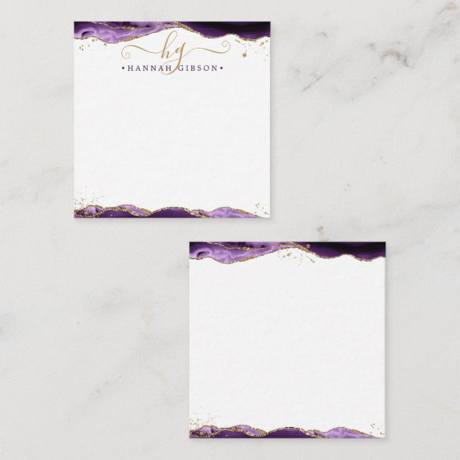 Purple Agate Geode Script Monogram Gold Glitter Note Card (Front/Back)