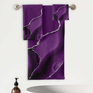 Purple Agate Geode Silver Glitter Bath Towel Set
