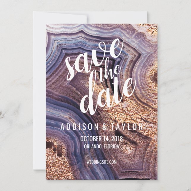Purple agate geode violet save the date rose gold (Front)