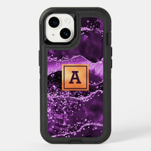 Purple agate glitter pink marble gold monogram  OtterBox iPhone 14 case