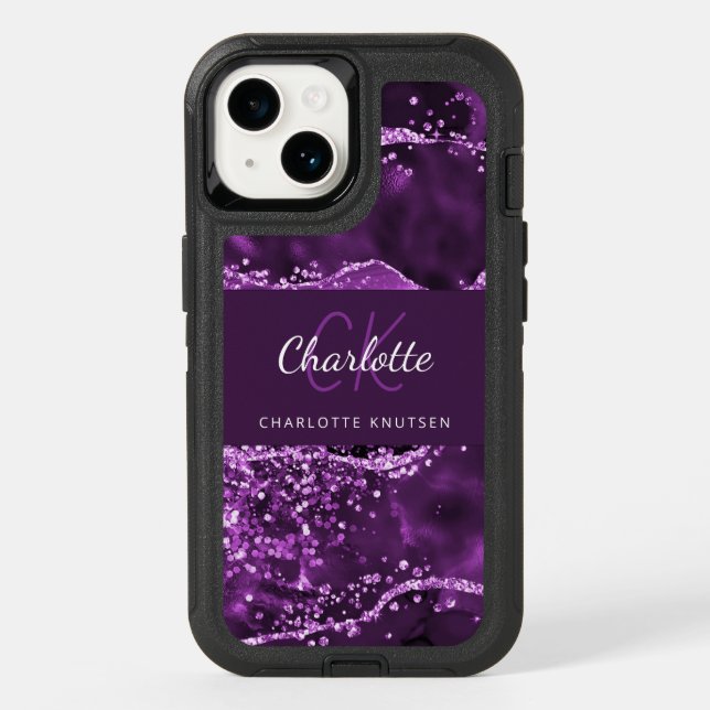 Purple agate glitter pink marble monogram name otterbox iPhone case (Back)