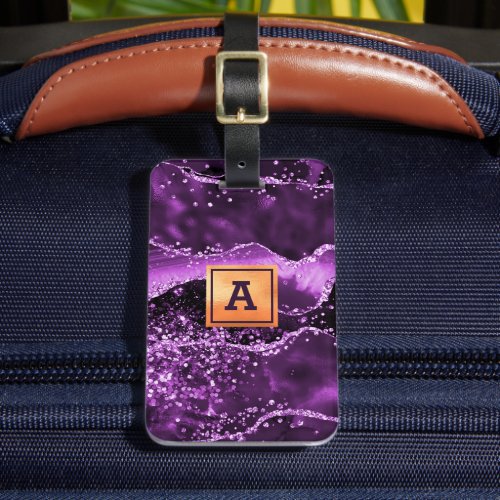 Purple agate glitter pink marble name gold luggage tag