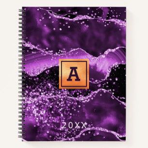 Purple agate glitter pink marble name gold notebook