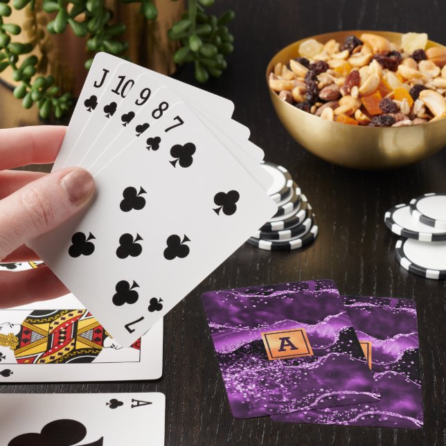 Purple agate glitter pink marble name gold poker cards (In Situ)