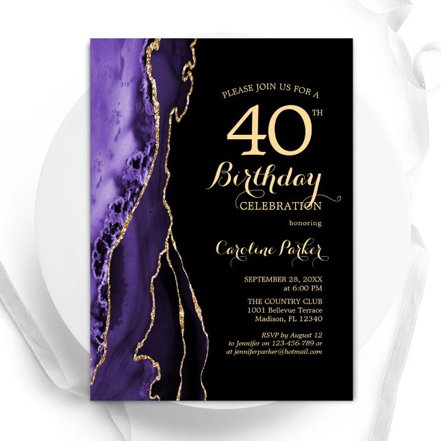 Purple Agate Gold Black 40th Birthday Invitation (Creator Uploaded)