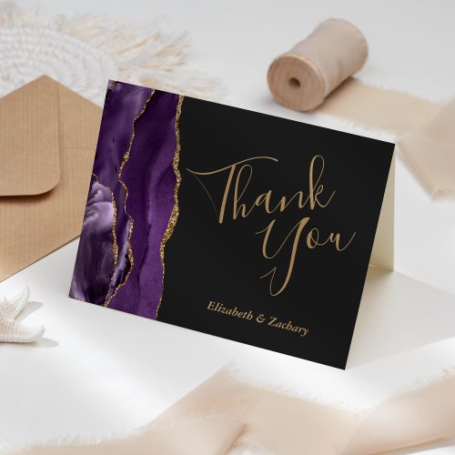 Purple Agate Gold Dark Wedding Thank You Card