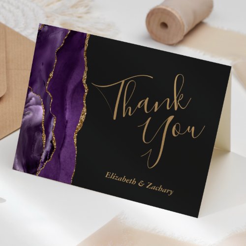 Purple Agate Gold Dark Wedding Thank You Card