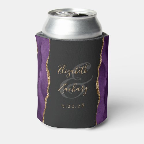 Purple Agate Gold Faux Glitter Dark Wedding Can Cooler