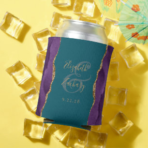 Purple Agate Gold Faux Glitter Teal Wedding Can Cooler