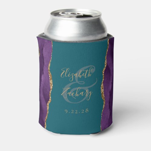 Purple Agate Gold Faux Glitter Teal Wedding Can Cooler