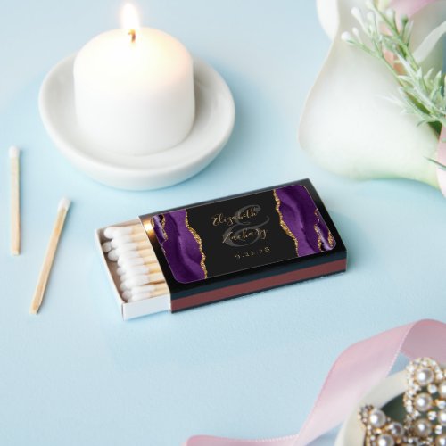 Purple Agate Gold Glitter Dark Wedding Matchboxes