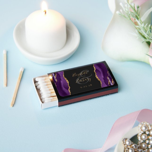 Purple Agate Gold Glitter Dark Wedding Matchboxes (Insitu)