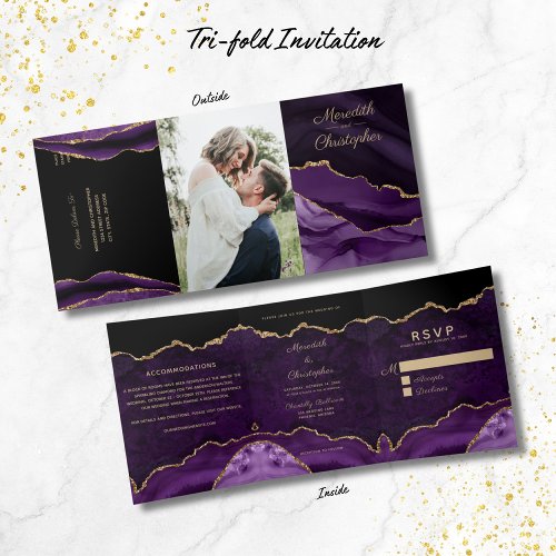 Purple Agate Gold Glitter Geode Photo Wedding Tri_Fold Invitation