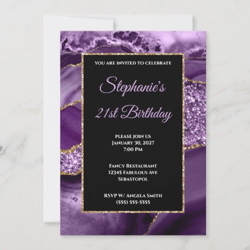 Purple Agate Gold Glitter Glam 21st Birthday Invitation