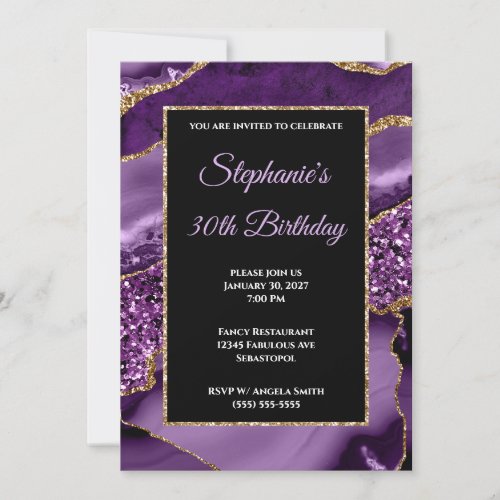 Purple Agate Gold Glitter Glam 30th Birthday Invitation