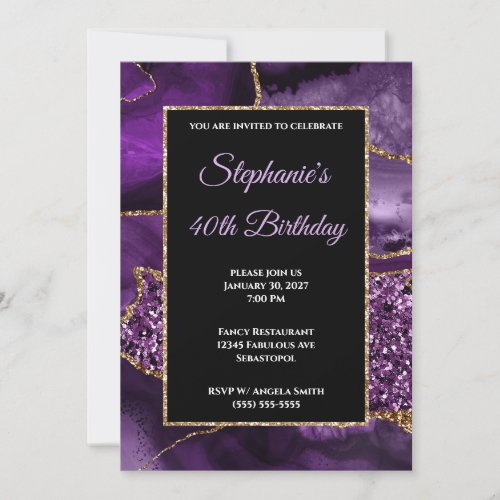 Purple Agate Gold Glitter Glam 40th Birthday Invitation