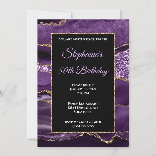 Purple Agate Gold Glitter Glam 50th Birthday Invitation