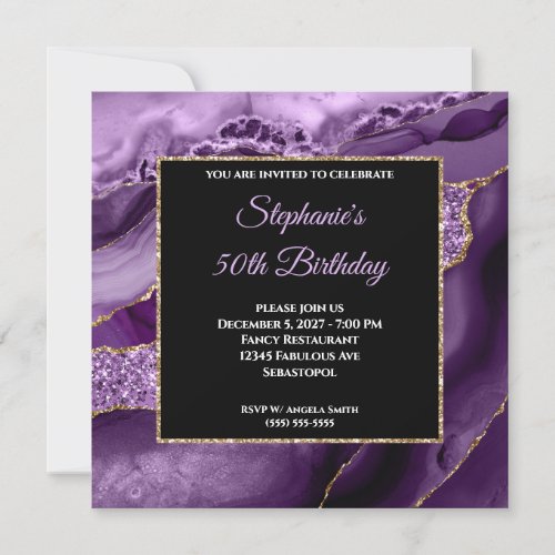 Purple Agate Gold Glitter Glam 50th Birthday Invitation