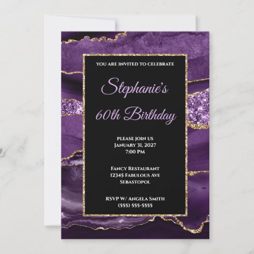 Purple Agate Gold Glitter Glam 60th Birthday Invitation