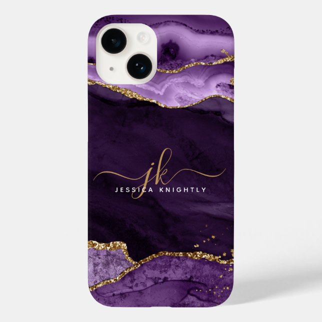 Purple Agate Gold Glitter Script Monogram Name Case-Mate iPhone Case (Back)